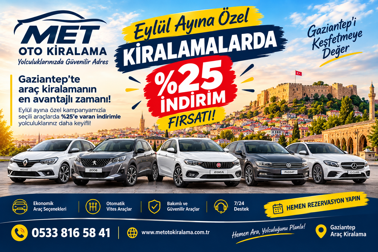 Gaziantep Araç Kiralamada Eylül Ayına Özel  Yüzde 25 İndirim  Met Oto Kiralama